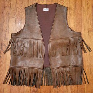 Vintage Le Sauvage XL Brown Leather Fringe‎ Vest Cowboy Rodeo Yellowstone